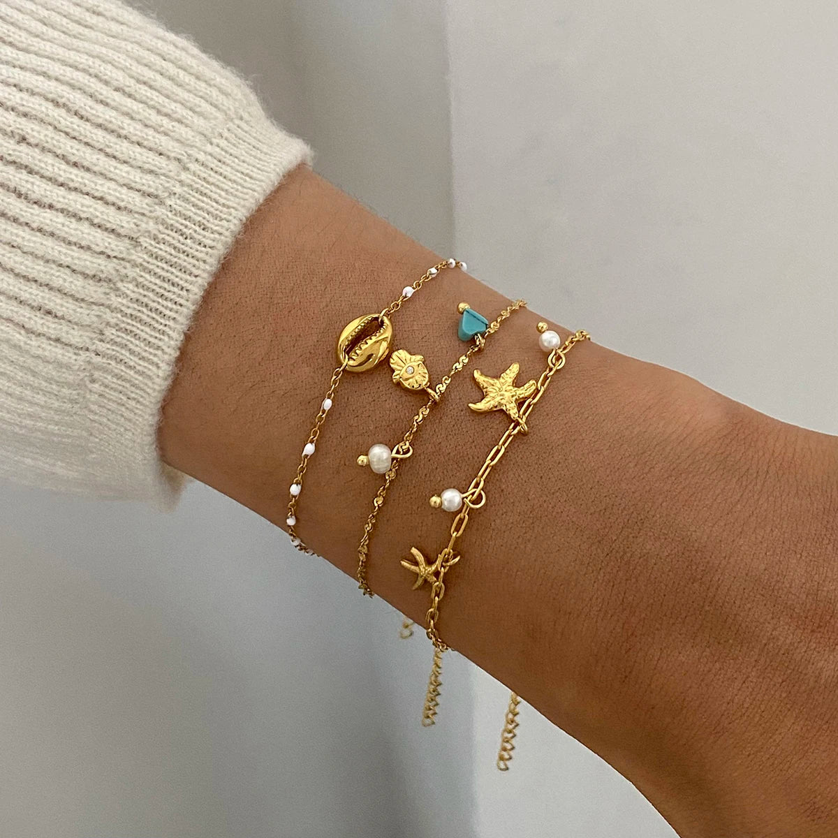 Yori 3pcs Ocean Style Starfish Shell Stainless Steel Bracelet Waterproof Hypoallergenic Daily Summer Jewelry 2025
